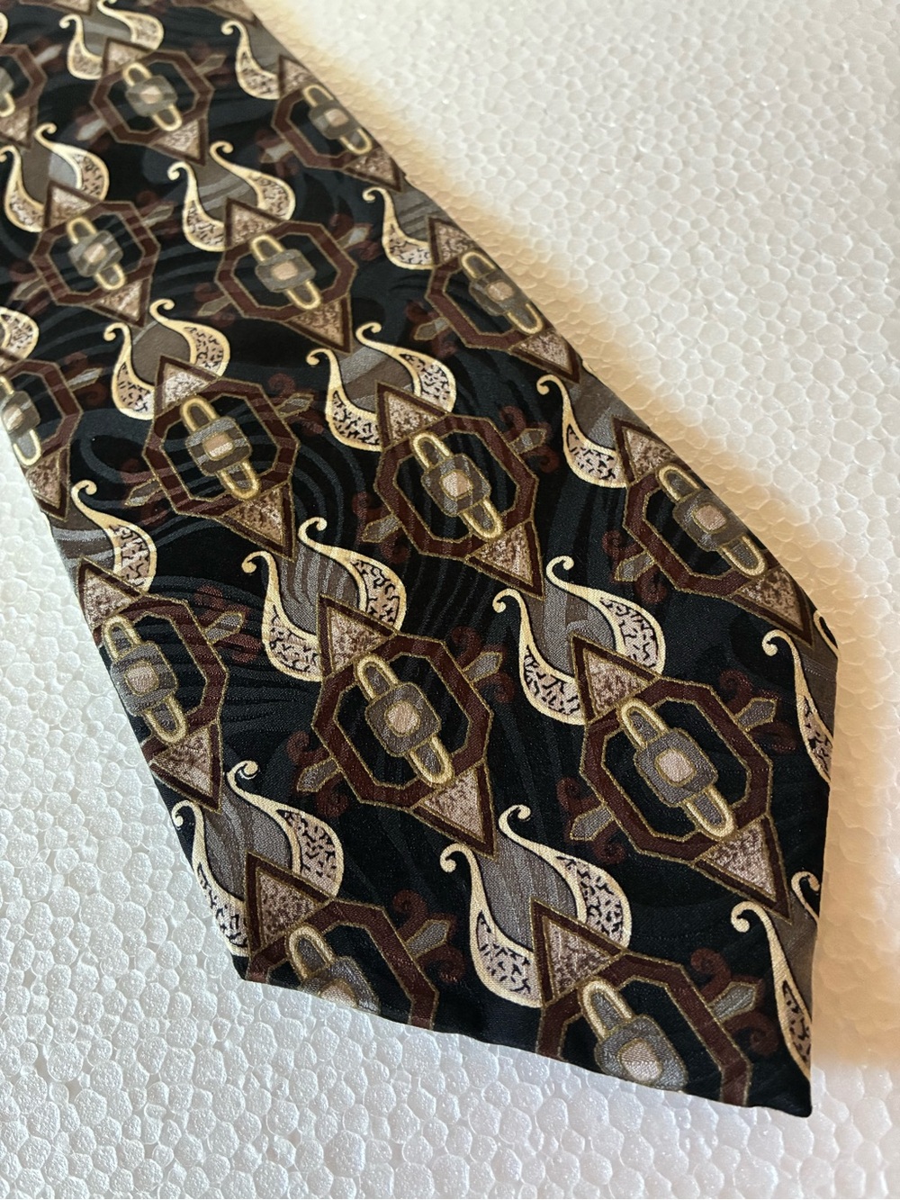 Adolfo 100% Silk Black Tie with Brown, Gold and Cream Geometric Print